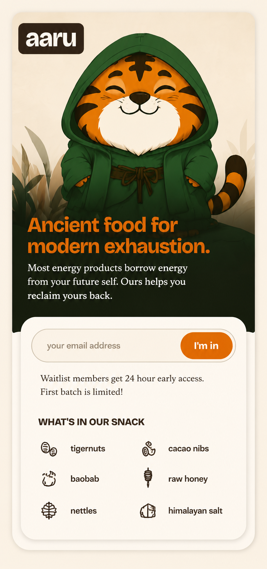 Aaru ancient food for modern exhaustion waitlist landing page with tiger mascot and ingredient list